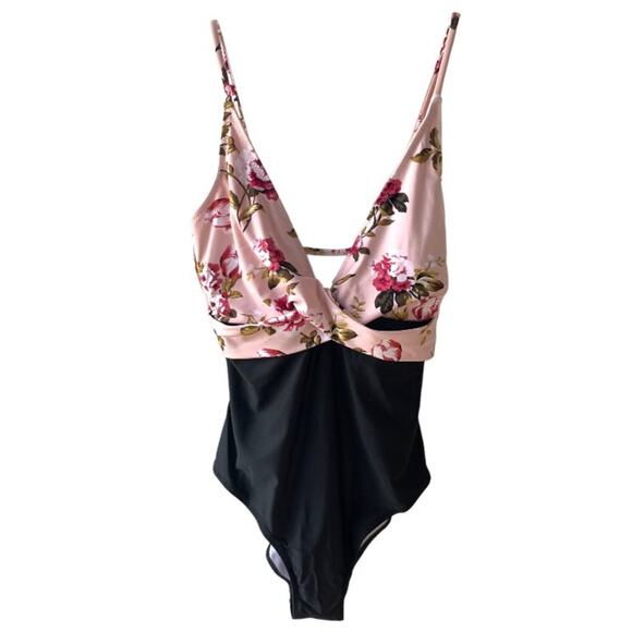 Cupshe Pink Blossom Deep V Neck One Piece Swimsuit, Size S NWT - Picture 1 of 8